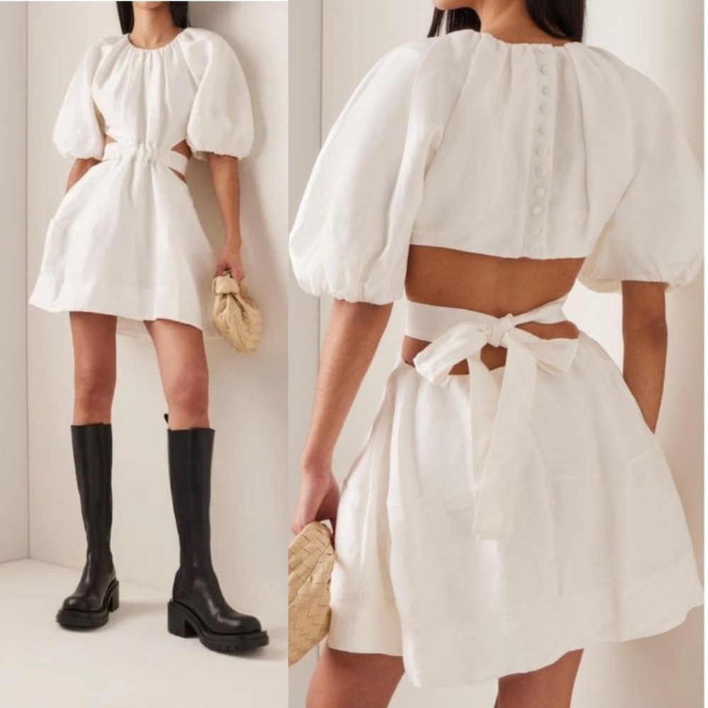 Aje Psychedelia Cut Out Mini Dress Women 14 Ivory Puff Sleeve‎ Back Tie